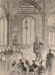 La Cámara de los Comunes asistiendo en estado al servicio del Jubileo en la iglesia de St. Margaret, Westminster, de The Illustrated London News, 28 de mayo de 1887 de English School