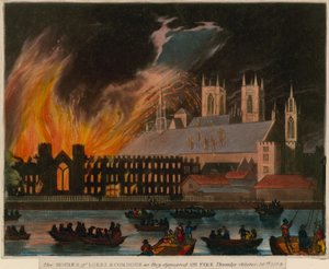 Las Cámaras de los Lores y los Comunes como aparecieron en llamas, 16 de octubre de 1834 de English School