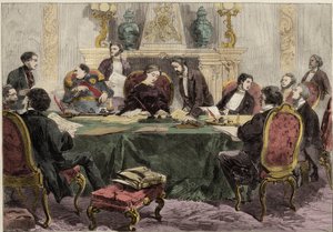 La Emperatriz Eugenia presidiendo un Consejo de Ministros en el Palacio del Elíseo - Ilustración para The Illustrated London News de English School