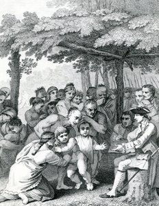 Los indios entregando a los cautivos ingleses al coronel Bouquet cerca de su campamento en los Forks de Muskingham en América del Norte, grabado por Canot, 1764 de English School