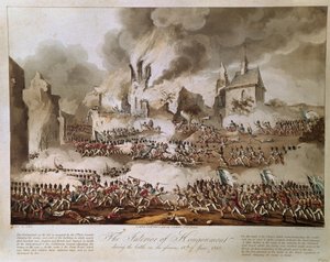 El interior de Hougoumont durante la batalla del glorioso 18 de junio de 1815, grabado por T. Sutherland, publicado en 1816 (aguafuerte) de English School