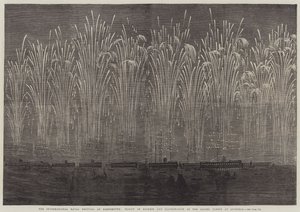 El festival naval internacional en Portsmouth, vuelo de cohetes e iluminación de las flotas aliadas en Spithead (grabado) de English School