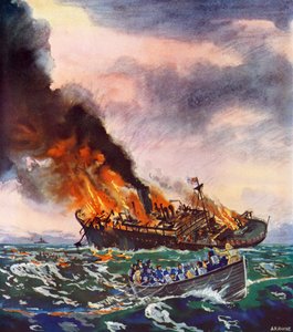 El Jervis Bay, hundido el 5 de noviembre de 1940 (litografía en color) de English School