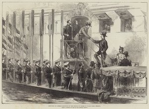 El Rey de Grecia recibido por el Príncipe de Gales a bordo del HMS Serapis (grabado)