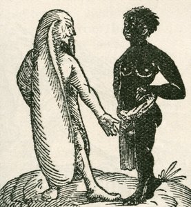 El hombre de las orejas largas regaña a su sirviente. Se dice que los hombres de orejas largas vivían en África. Se decía que dormían tumbados sobre una oreja con la otra cubriéndolos como una manta. De The Strand Magazine publicado en 1897.