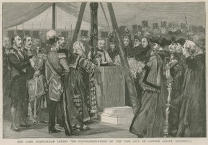El Lord Canciller colocando la primera piedra del nuevo Tribunal de la Ciudad de Londres, Guildhall de English School