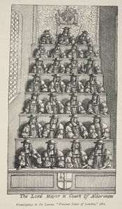 El alcalde y la corte de los concejales, frontispicio de De Launes Angliae Metropolis, 1681 de English School