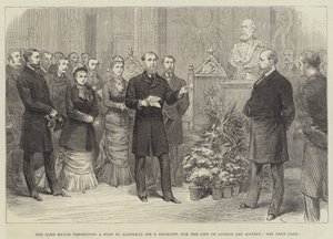 El alcalde presentando un busto al concejal Sir F Truscott, para la Sociedad de Arte de la Ciudad de Londres de English School