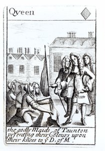 Las doncellas de Taunton arrodilladas ante el Duque de Monmouth, 18 de junio de 1685, carta de la reina de diamantes de un juego que conmemora la Rebelión de Monmouth