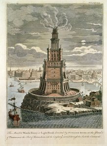 La torre vigía o faro de mármol erigido por Ptolomeo Soter en la isla de Pharos, cerca del puerto de Alejandría (impresión coloreada)