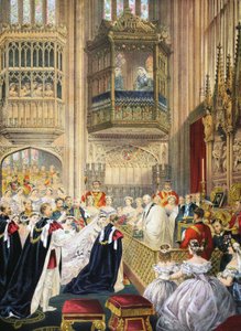 El matrimonio en la Capilla de San Jorge, Windsor, de A Memorial of the Marriage of Edward VII and Alexandra of Denmark, pub. 1864 de English School