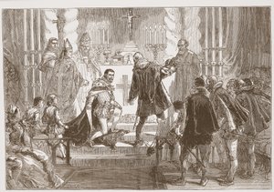 El Mariscal de Polonia exigiendo el juramento del Duque de Anjou, ilustración de La Historia del Protestantismo de James Aitken Wylie (1808-1890), pub. 1878