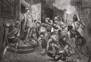 La masacre de San Bartolomé: ataque a los alojamientos de Coligny, ilustración de La Historia del Protestantismo de James Aitken Wylie, pub. 1878 de English School
