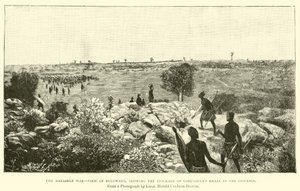La Guerra de Matabele, vista de Buluwayo, mostrando la empalizada del kraal de Lobengula en la distancia de English School