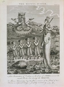 El Avatar Matsya, o la Primera Encarnación de Vishnu en Forma de Pez para Recuperar los Libros Sagrados Perdidos Durante el Diluvio, grabado por Barlow de English School