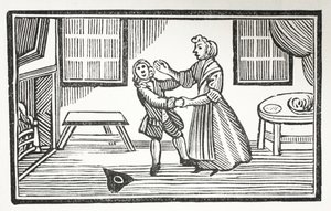 El método que Meg utilizó para hacer que uno de los vicarios pagara su cuenta, ilustración de Chap-books del siglo XVIII de John Ashton, pub. 1882