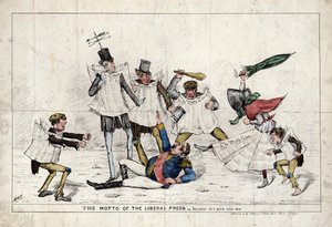 El lema de la prensa liberal, mostrando a Napoleón III siendo asaltado por la prensa británica de English School