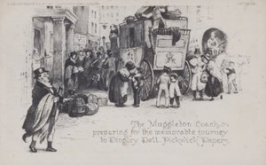 El coche de Muggleton, preparándose para el memorable viaje a Dingley Dell, Pickwick Papers de English School