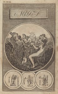 Las Musas, diosas griegas y romanas antiguas de la literatura, la ciencia y las artes (grabado) de English School