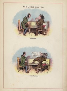 El Maestro de Música - diferentes maneras de tocar el piano (litografía en color) de English School