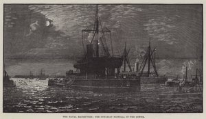 Las Maniobras Navales, la Flotilla de Cañoneras en los Downs (grabado) de English School