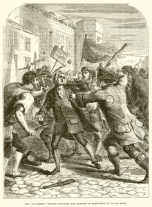 Los alborotadores de No Popery atacando a los miembros del Parlamento en Palace Yard de English School
