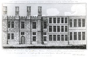 La fachada norte de la Casa Solariega en Chelsea construida por el Rey Enrique VIII, grabado por J. Barlow, ilustración en Una Cuenta Histórica y Topográfica de Chelsea y sus Alrededores por Thomas Faulkner de English School