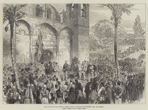 La ocupación de Chipre, sacerdotes griegos bendiciendo la bandera británica en Nicosia de English School