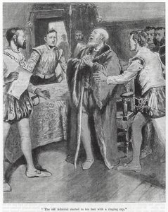 "El viejo almirante se puso en pie con un grito sonoro" (grabado) de English School