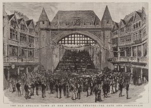 La antigua ciudad inglesa en el teatro de Su Majestad, la puerta y el rastrillo de English School