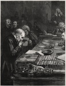 La Apertura del Parlamento, 31 de enero de 1893, Sr. William Ewart Gladstone, apoyado por el Sr. Marjoribanks y el Sr. H Gladstone, tomando el Juramento. Ilustración para The Graphic de English School