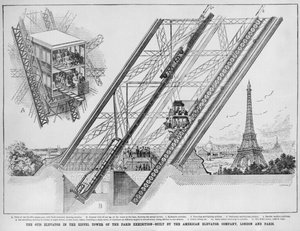 El ascensor Otis en la Torre Eiffel, construido por la compañía estadounidense de ascensores, París y Londres, 1889 de English School