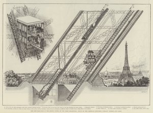 El ascensor Otis en la Torre Eiffel de la Exposición de París, construido por la American Elevator Company, Londres y París de English School