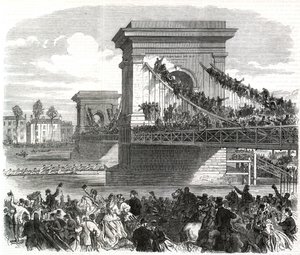 La carrera de botes de Oxford y Cambridge, escena en el Puente Hammersmith de English School