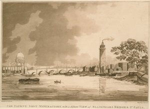 La fábrica de balas de plomo, con una vista distante del Puente de Blackfriars y San Pablo, Londres de English School