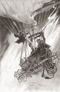Los peligros del vuelo en globo. Un globo en dificultades y a punto de estrellarse. De The Strand Magazine, publicado en 1896 (litografía) de English School