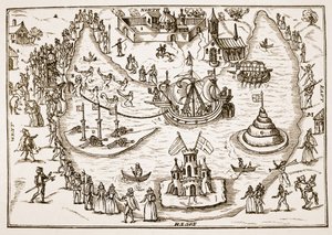 El estanque en Elvetham durante la visita de la Reina Isabel, de The Honourable Entertainment given to the Queens Majestie in Prgresse at Elvetham in Hampshire por el Right Honble the Earl of Hertford, 1591 de English School