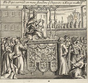 El Papa llevado en hombros de hombres, los emperadores y reyes caminando delante, ilustración de Hechos y Monumentos de John Foxe, novena edición, pub. 1684