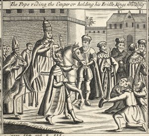 El Papa montando, el emperador sosteniendo su brida, reyes caminando delante de él, ilustración de Hechos y Monumentos de John Foxe, novena edición, pub. 1684