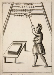 El prensista colgando papel, pub. 1683 grabado de English School