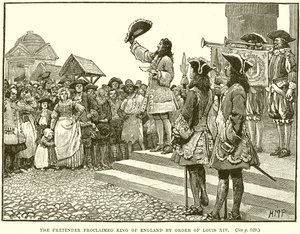 El Pretendiente proclamado rey de Inglaterra por orden de Luis XIV de English School