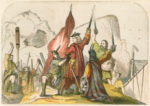 El Pretendiente levantando su estandarte en su primer desembarco en Escocia de English School