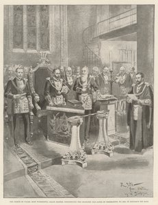 El Príncipe de Gales, Gran Maestro Muy Venerable, constituyendo la Logia del Chancery Bar de los Masones, No 2456, en el Salón de Lincoln