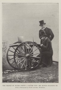 El Príncipe de Gales disparando una ametralladora Maxim, con el Sr. Maxim al lado (grabado) de English School