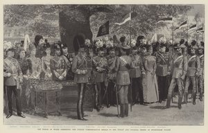 El Príncipe de Gales presentando las Medallas Conmemorativas del Jubileo a las Tropas Indias y Coloniales en el Palacio de Buckingham