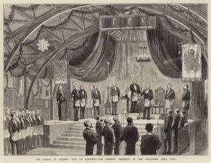 La Visita del Príncipe de Gales a Norwich, la Ceremonia Masónica en el Salón de Entrenamiento de Voluntarios (grabado) de English School