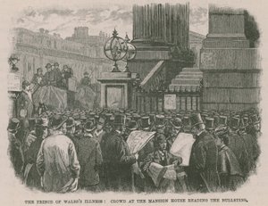 La enfermedad del Príncipe de Gales: Multitud en la Mansion House leyendo los boletines de English School