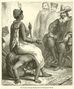 La princesa Zhinga tratando con el virrey portugués