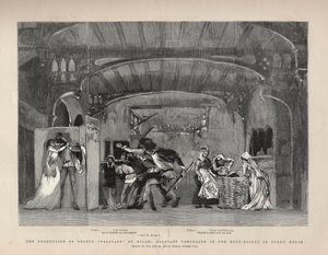 La Producción de “Falstaff” de Giuseppe Verdi en Milán, Falstaff oculto en la cesta de la ropa en la casa de Ford. Ilustración para The Graphic de English School