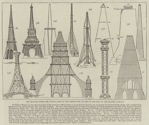 La torre propuesta para Londres, algunos de los diseños ahora en exhibición en el Salón de la Compañía de Drapers de English School